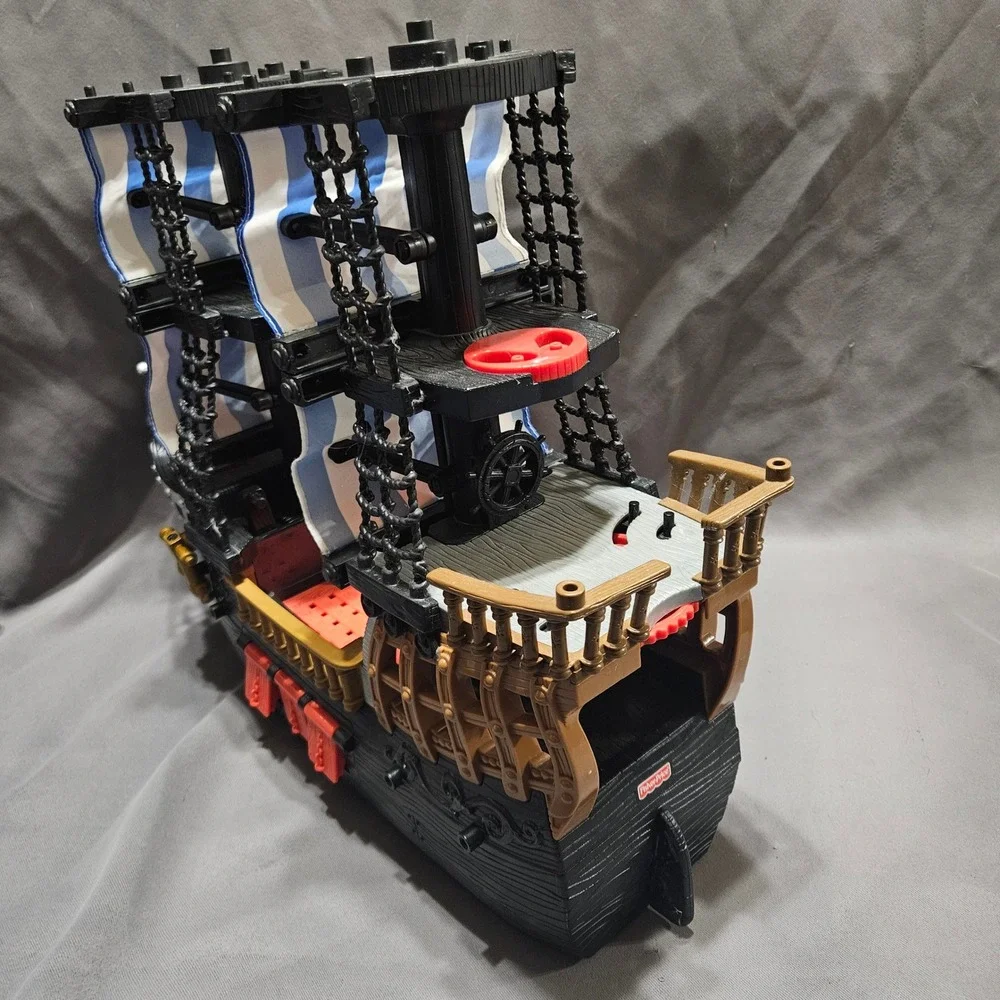 Vintage Fisher-Price Imaginext Pirate Ship Black Blue White Sails 2006 Mattel